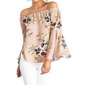 Hari Enterprise Long Sleeve Floral Off Shoulder Blouse Top Beige Size XL